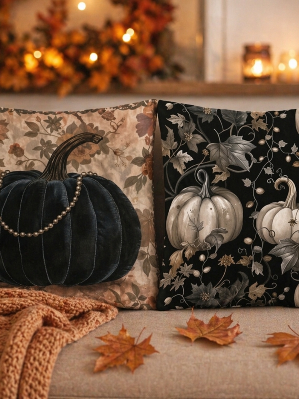 Set Of 2 Autumn Pumpkin Throw Accent Pillows in Black and Cream 18 x 18 Inches